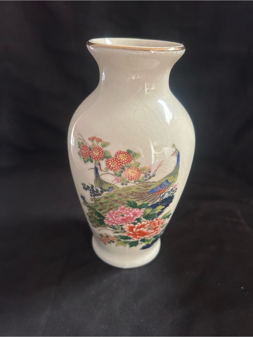 Hand-Painted Peacock Floral Ceramic Vase in Cream
